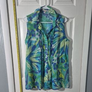 😺 2 for$12 Or 3 for$15 😺Floral Sleeveless Blouse - Blue and Green